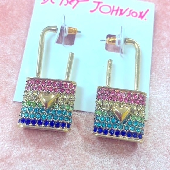 Brand New Betsey Johnson All You Need is Love Locket Crystal Rainbow Earrings - Picture 4 of 14